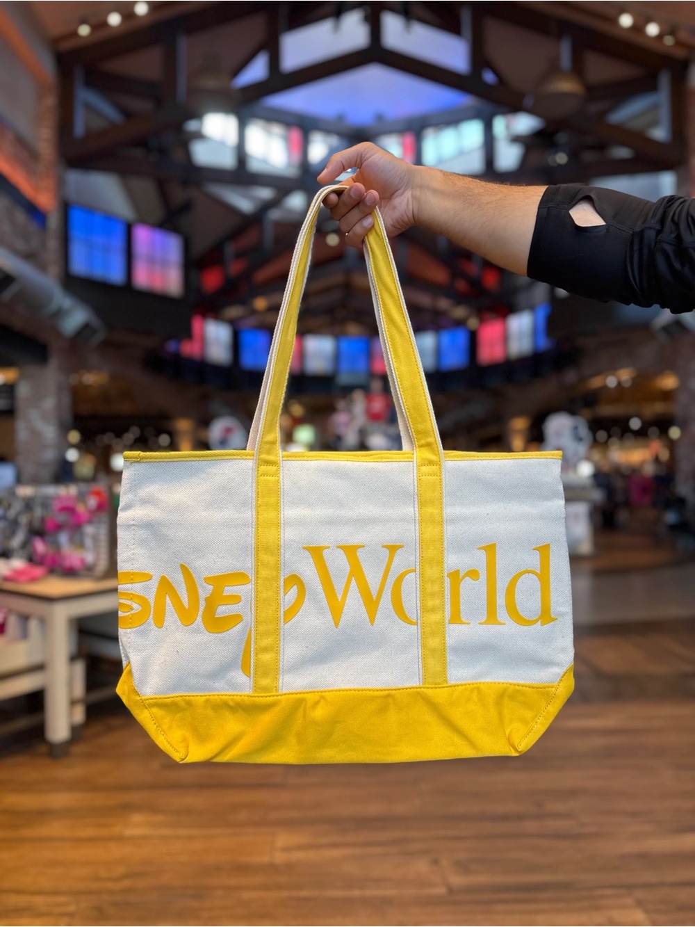 NWT Walt Disney World Logo Mania Yellow & White Canvas Tote Bag
